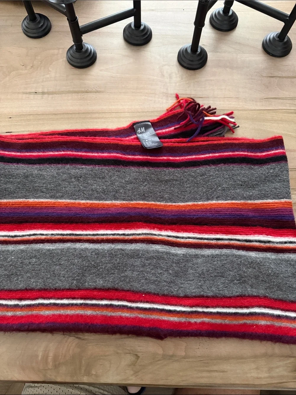H&M Gray Striped Scarf with Red, Purple & Orange Accents